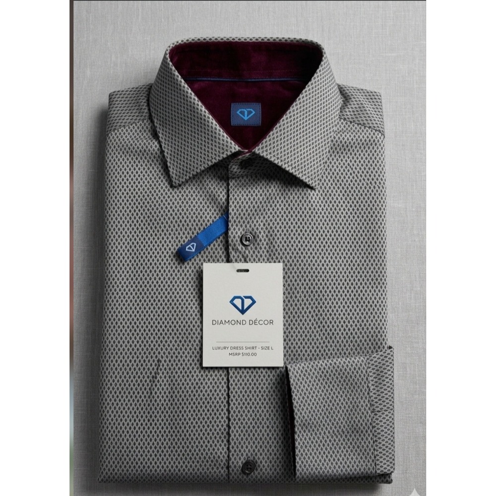Egara Mens Non-Iron Stretch Dress Shirt Grey Black Geometric Pattern Small NWT